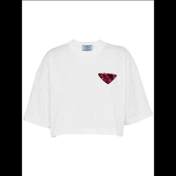 PRADA***Cropped White T-Shirt W/Sequined Logo***XL $1380 NWT - Picture 3 of 11